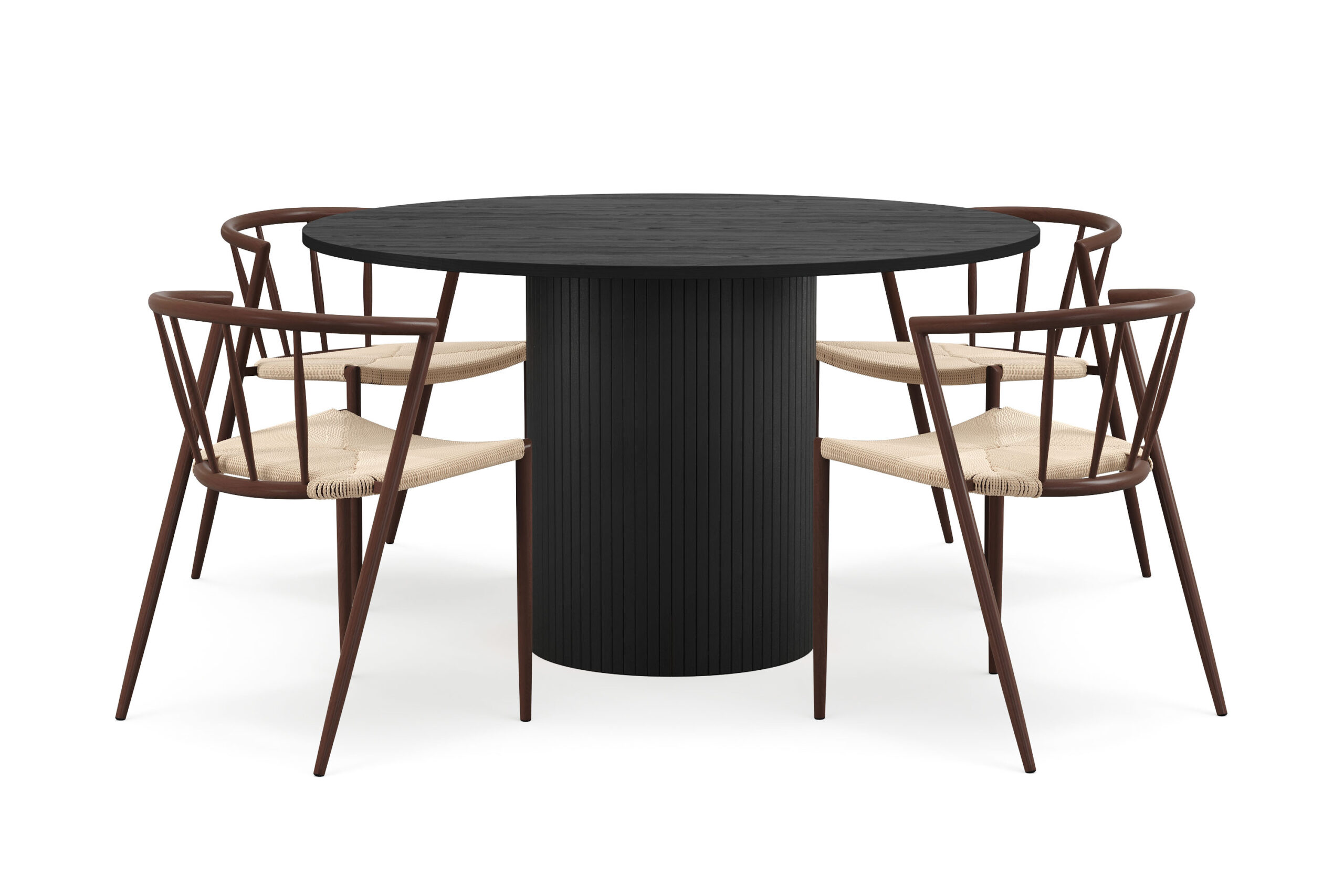 Kopparbo Rundt Spisebord 130 cm med 4 Winston Spisestole - Sort træ / Beige / Metalben Røget eg