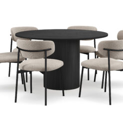 Kopparbo Rundt Spisebord 130 cm med 6 Lucy Spisestole - Sort træ / Greige Bouclé / Metalben Sort