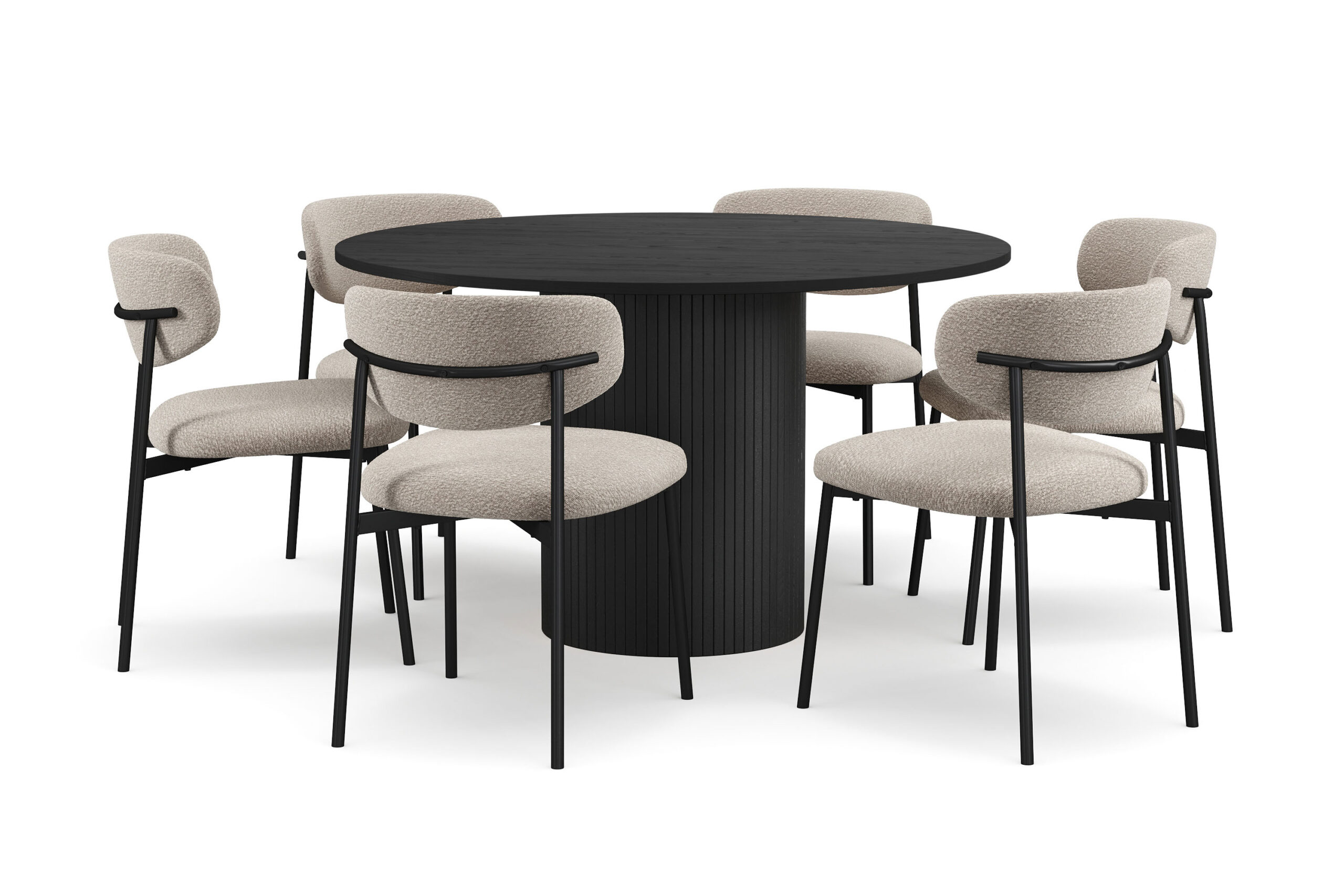 Kopparbo Rundt Spisebord 130 cm med 6 Lucy Spisestole - Sort træ / Greige Bouclé / Metalben Sort