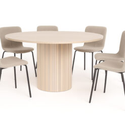 Kopparbo Rundt Spisebord 150 cm med 6 Katy Spisestole - Hvid / Greige Bouclé / Metalben Sort