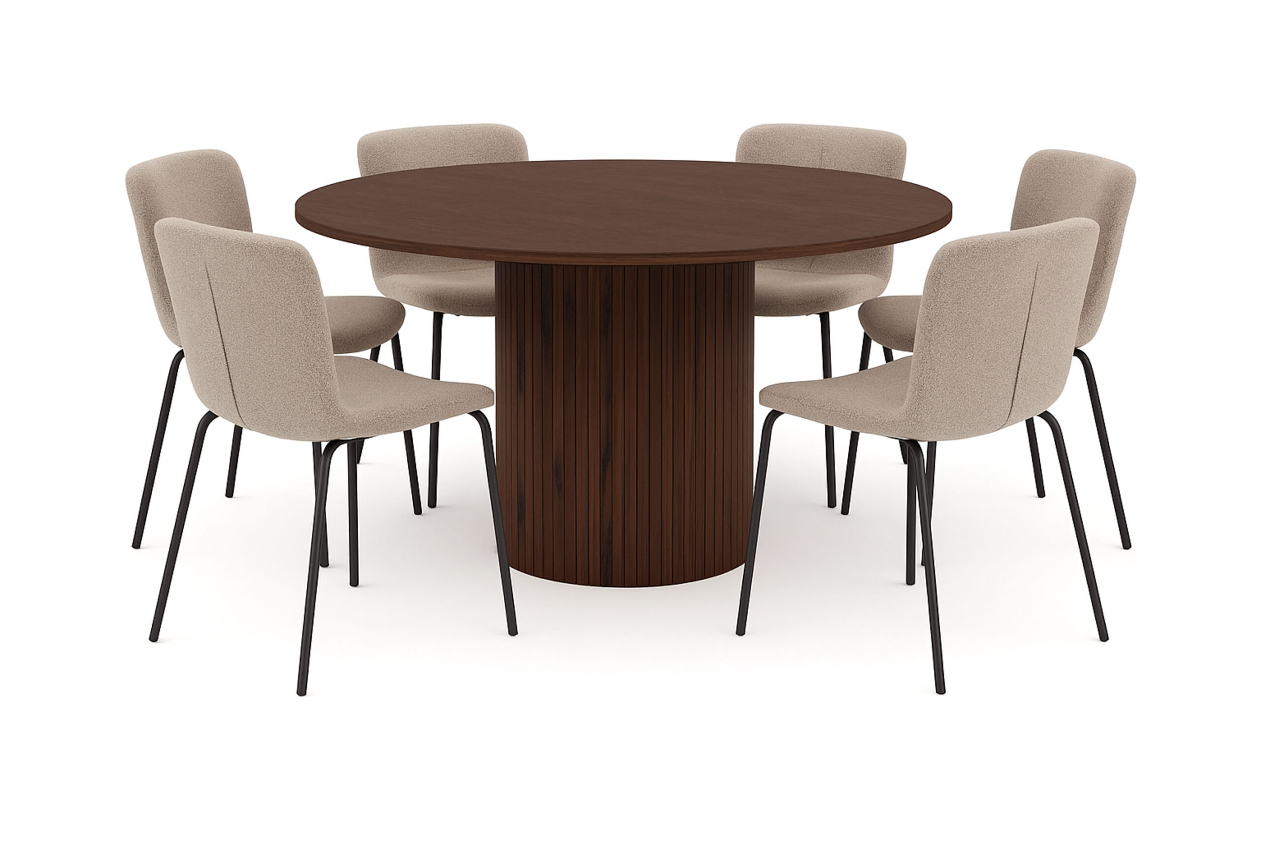 Kopparbo Rundt Spisebord 150 cm med 6 Katy Spisestole - Valnød / Greige Bouclé / Metalben Sort