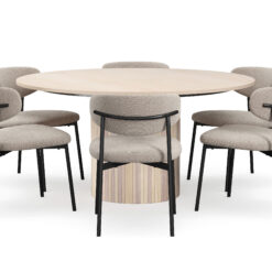 Kopparbo Rundt Spisebord 150 cm med 6 Lucy Spisestole - Hvid / Greige Bouclé / Metalben Sort