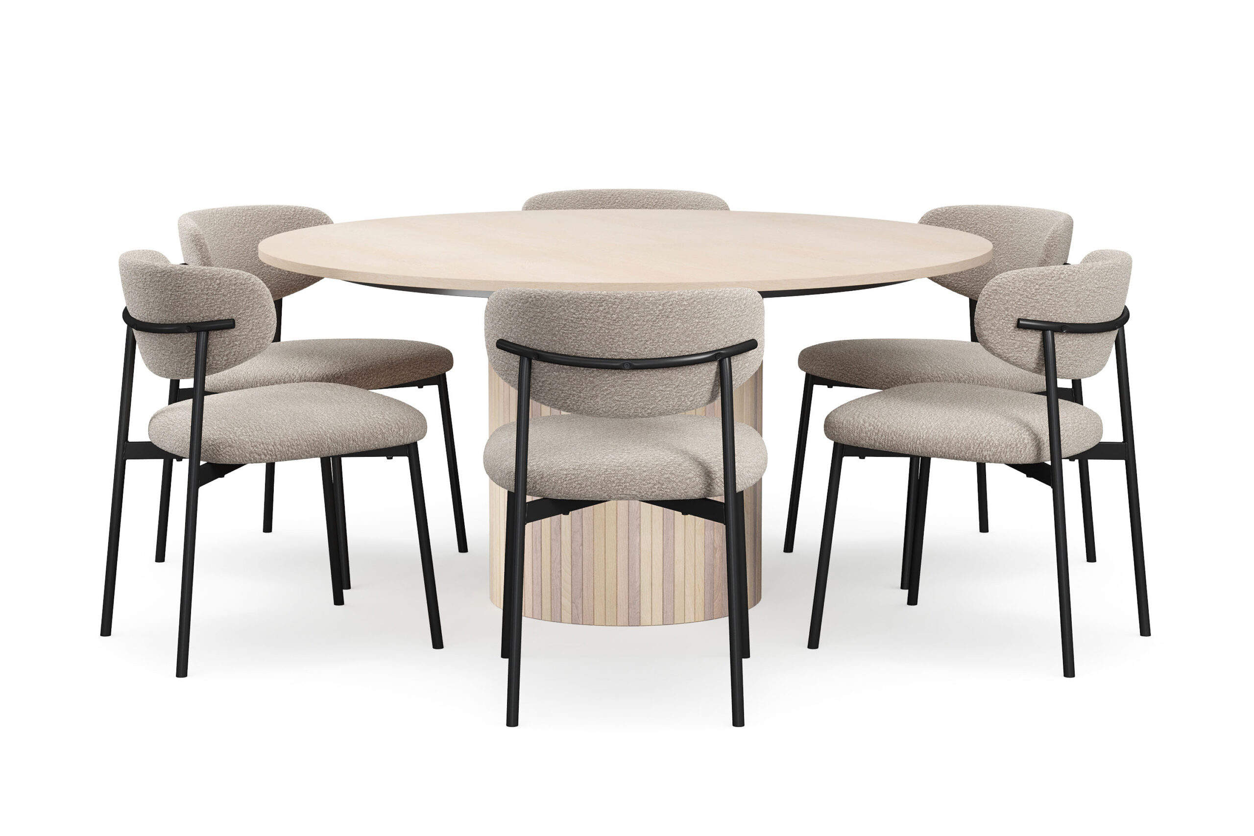 Kopparbo Rundt Spisebord 150 cm med 6 Lucy Spisestole - Hvid / Greige Bouclé / Metalben Sort