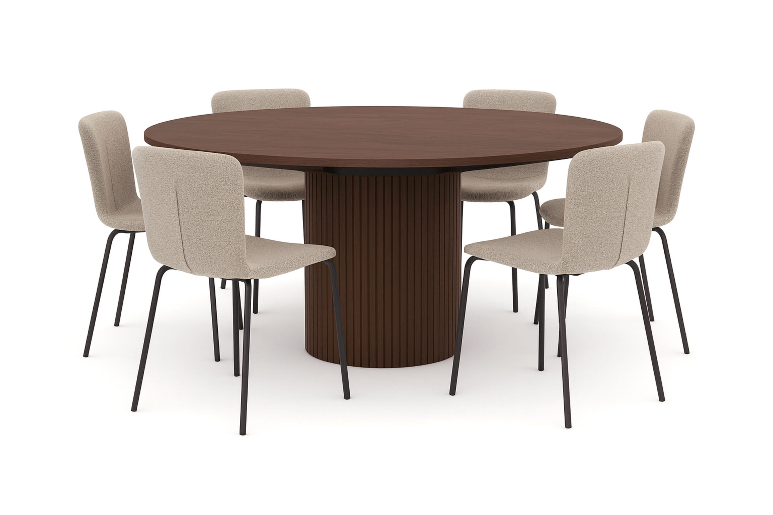 Kopparbo Rundt Spisebord 180 cm med 6 Katy Spisestole - Valnød / Greige Bouclé / Metalben Sort