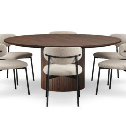 Kopparbo Rundt Spisebord 180 cm med 6 Lucy Spisestole - Valnød / Greige Bouclé / Metalben Sort