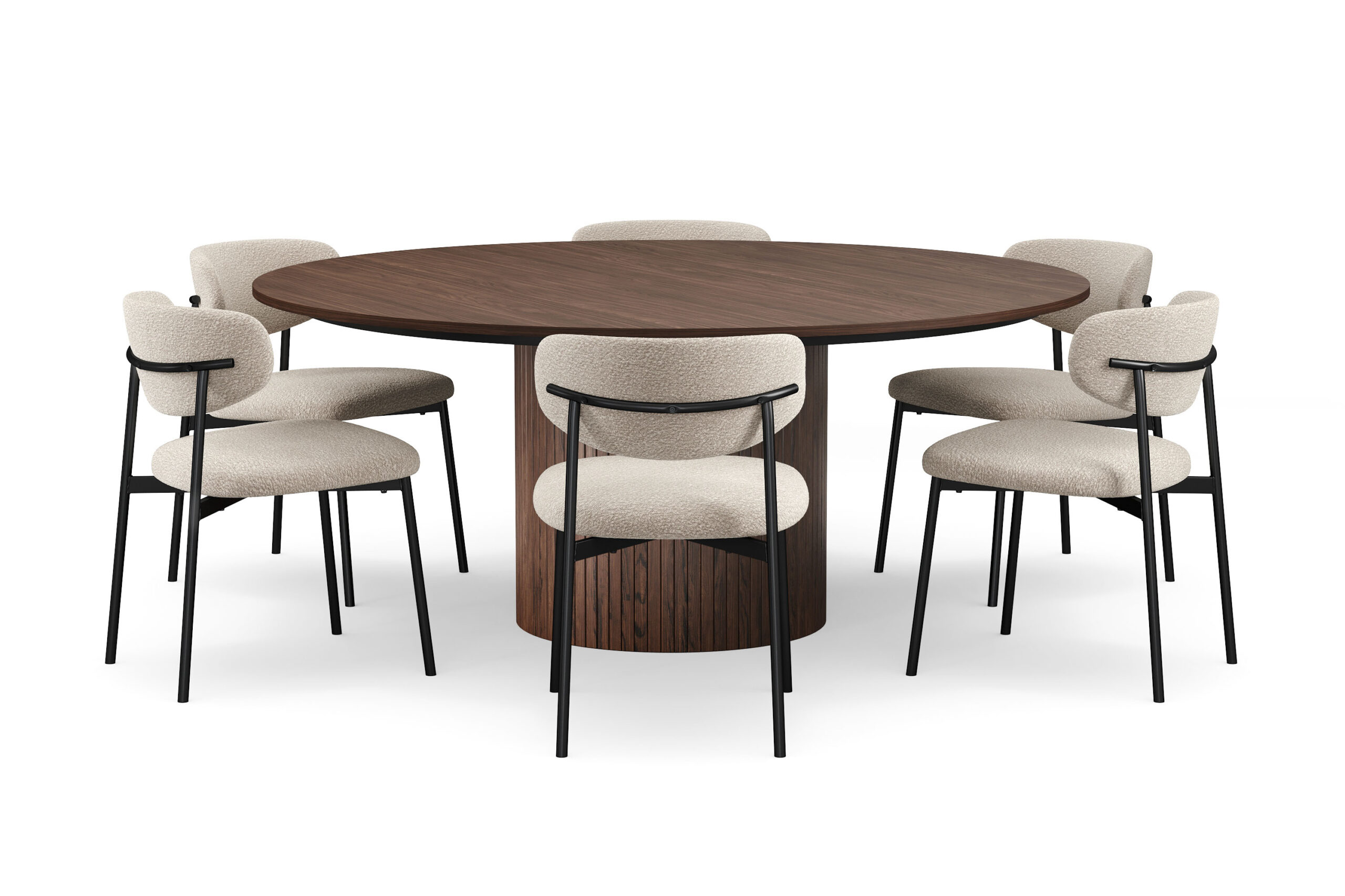 Kopparbo Rundt Spisebord 180 cm med 6 Lucy Spisestole - Valnød / Greige Bouclé / Metalben Sort