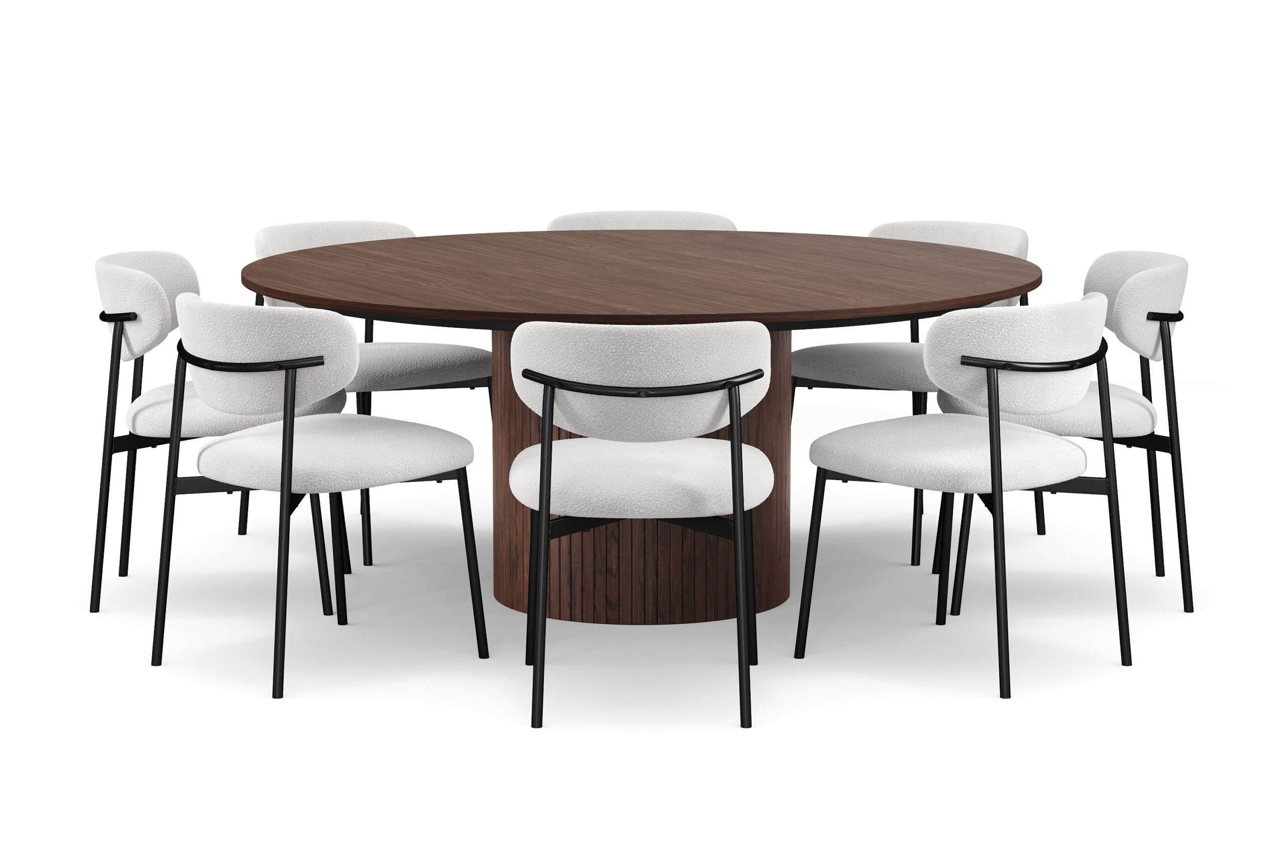 Kopparbo Rundt Spisebord 180 cm med 8 Lucy Spisestole - Valnød / Greige Bouclé / Metalben Sort