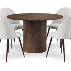 Kopparbo Rundt Spisebord 120 cm med 4 Nibe Plus Spisestole - Mørkebrun / Hvid Bouclé / Metalben Valnød