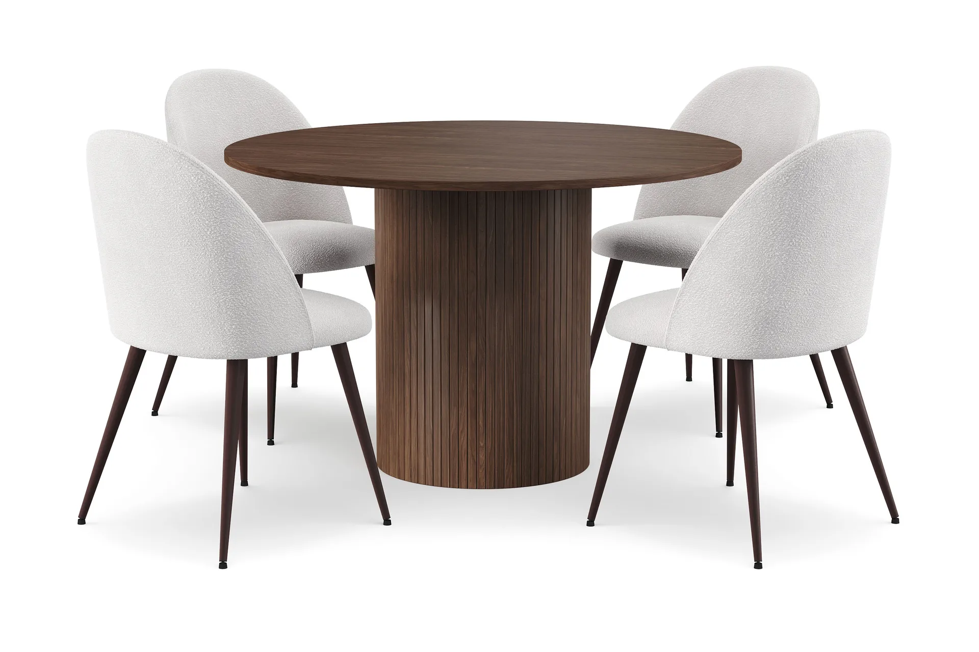 Kopparbo Rundt Spisebord 120 cm med 4 Nibe Plus Spisestole - Mørkebrun / Hvid Bouclé / Metalben Valnød