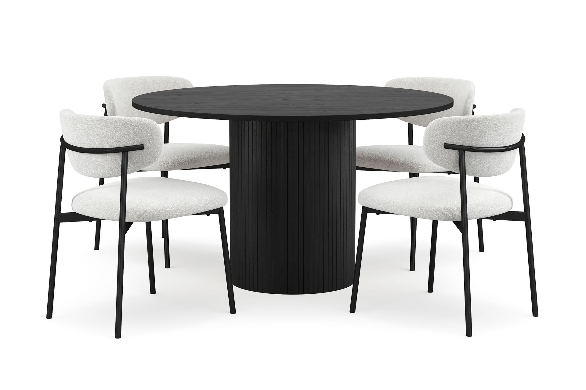 Kopparbo Rundt Spisebord 130 cm med 4 Lucy Spisestole - Sort træ / Hvid Bouclé / Metalben Sort