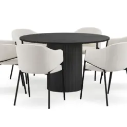 Kopparbo Rundt Spisebord 130 cm med 6 Filip Spisestole - Sort træ / Hvid Bouclé