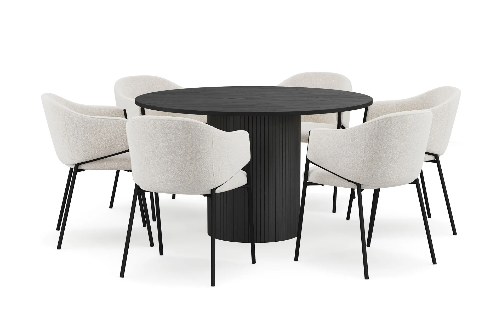 Kopparbo Rundt Spisebord 130 cm med 6 Filip Spisestole - Sort træ / Hvid Bouclé