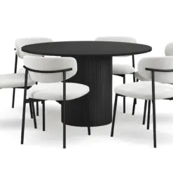 Kopparbo Rundt Spisebord 130 cm med 6 Lucy Spisestole - Sort træ / Hvid Bouclé / Metalben Sort