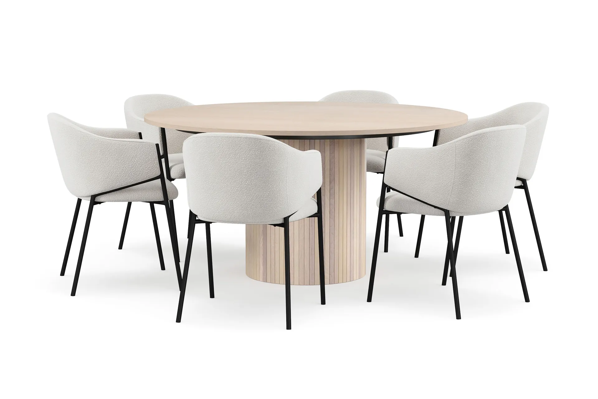 Kopparbo Rundt Spisebord 150 cm med 6 Filip Spisestole - Hvid / Hvid Bouclé