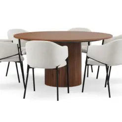 Kopparbo Rundt Spisebord 150 cm med 6 Filip Spisestole - Valnød / Hvid Bouclé