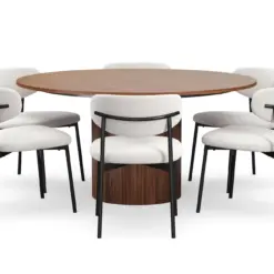 Kopparbo Rundt Spisebord 150 cm med 6 Lucy Spisestole - Valnød / Hvid Bouclé / Metalben Sort