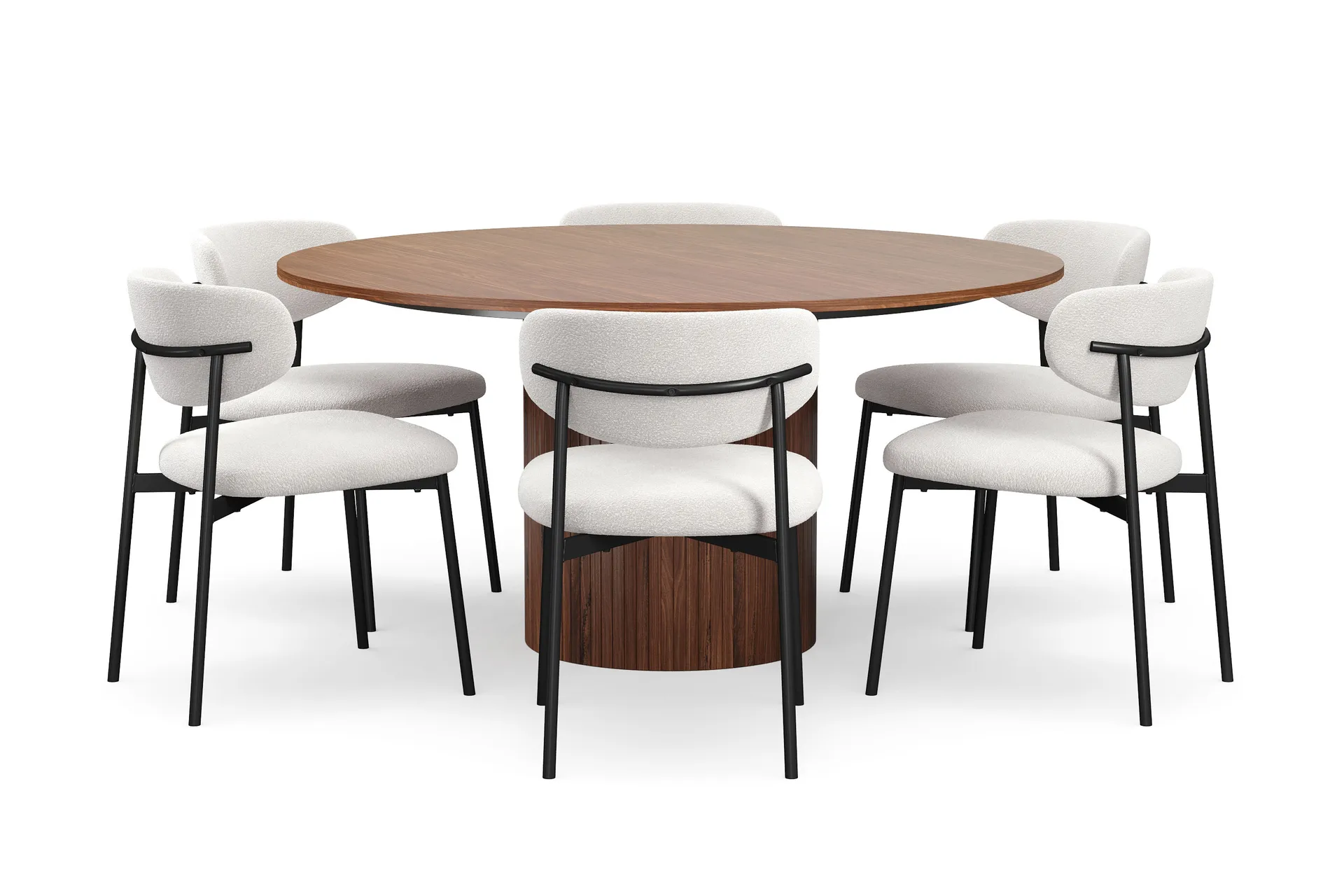 Kopparbo Rundt Spisebord 150 cm med 6 Lucy Spisestole - Valnød / Hvid Bouclé / Metalben Sort
