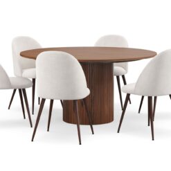 Kopparbo Rundt Spisebord 150 cm med 6 Nibe Plus Spisestole - Valnød / Hvid Bouclé / Metalben Valnød