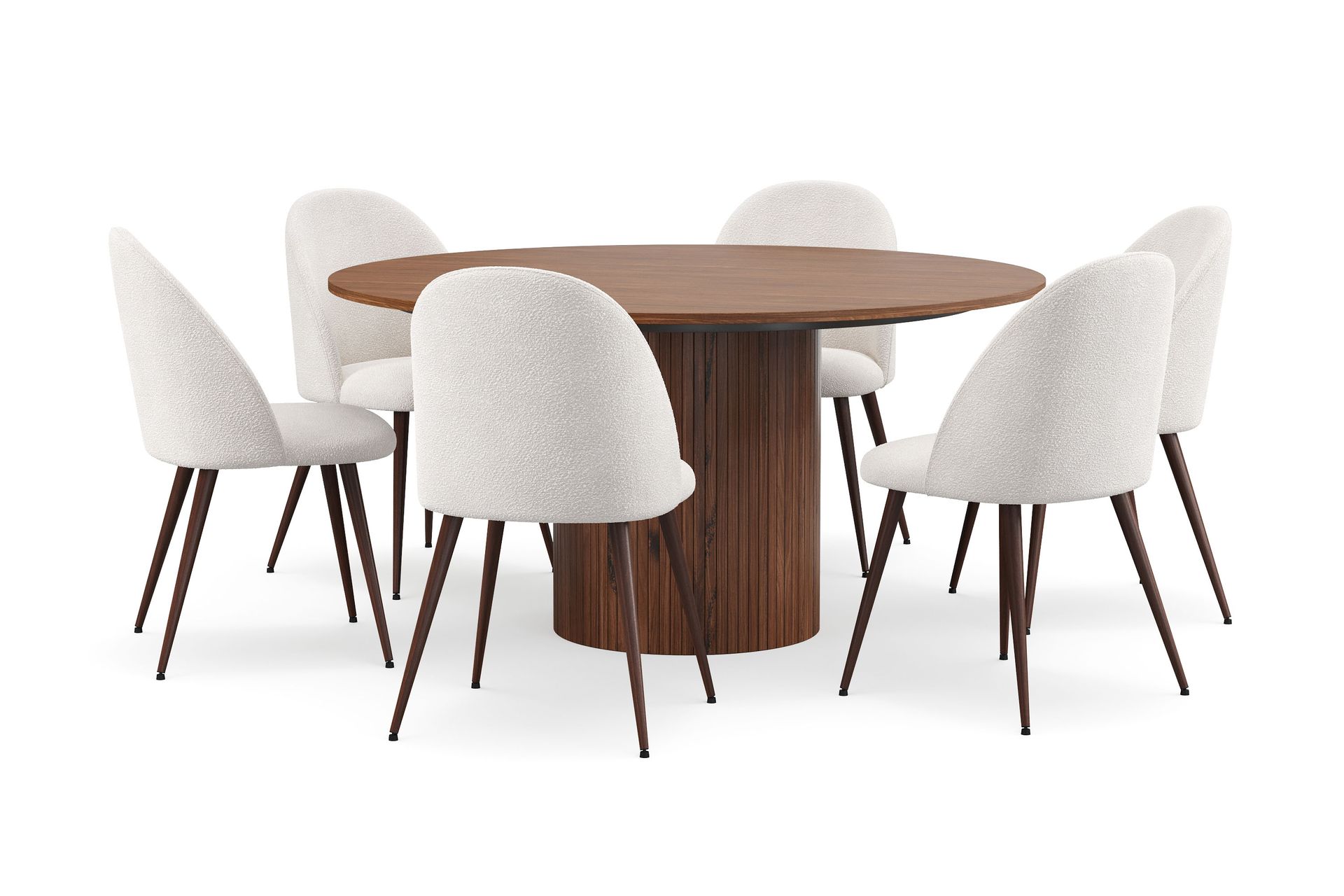 Kopparbo Rundt Spisebord 150 cm med 6 Nibe Plus Spisestole - Valnød / Hvid Bouclé / Metalben Valnød