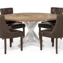 Lyon Spisebordssæt Ø150 cm Rund med 4 stk Tuva Stole - Vintage Natur/Hvid/Brun