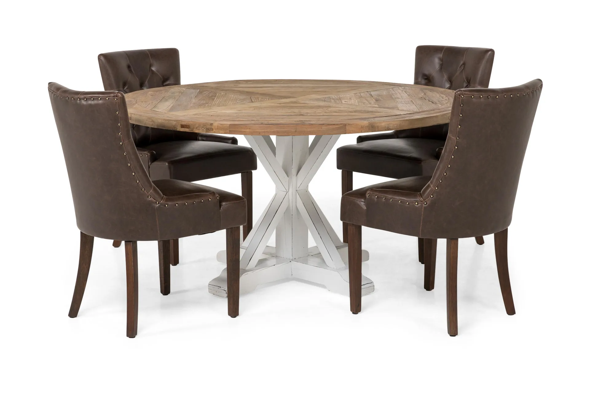 Lyon Spisebordssæt Ø150 cm Rund med 4 stk Tuva Stole - Vintage Natur/Hvid/Brun