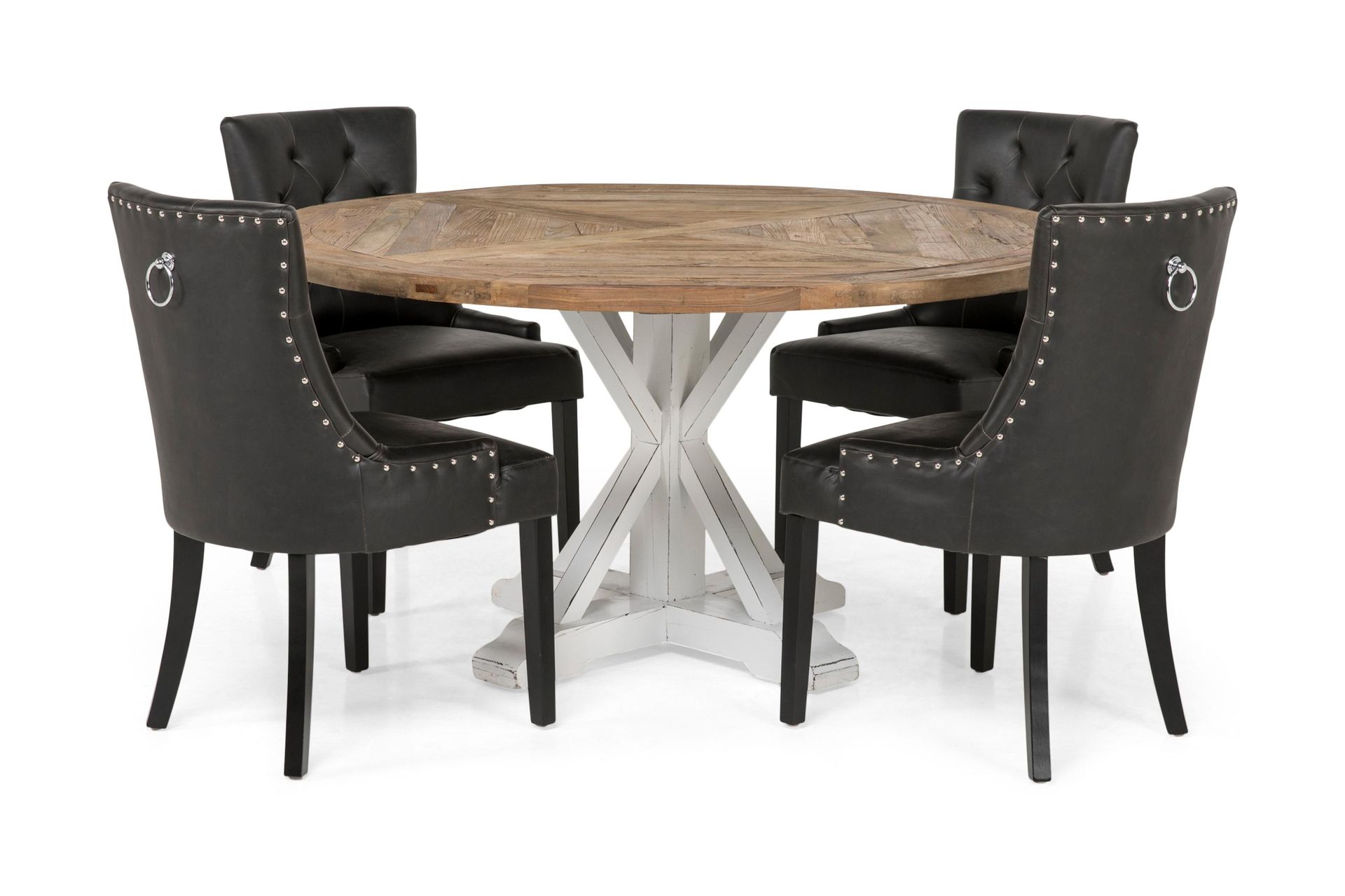 Lyon Spisebordssæt Ø150 cm Rund med 4 stk Tuva Stole - Vintage Natur/Hvid/Sort