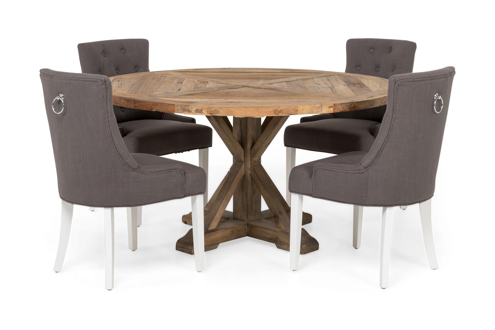 Lyon Spisebordssæt Ø150 cm Rund med 4 stk Viktoria Stole - Vintage Elmetræ/Grå/Hvid