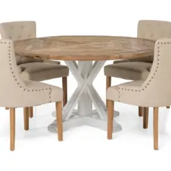 Lyon Spisebordssæt Ø150 cm Rund med 4 stk Viktoria Stole - Vintage Natur/Hvid/Beige