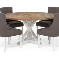 Lyon Spisebordssæt Ø150 cm Rund med 4 stk Viktoria Stole - Vintage Natur/Hvid/Grå