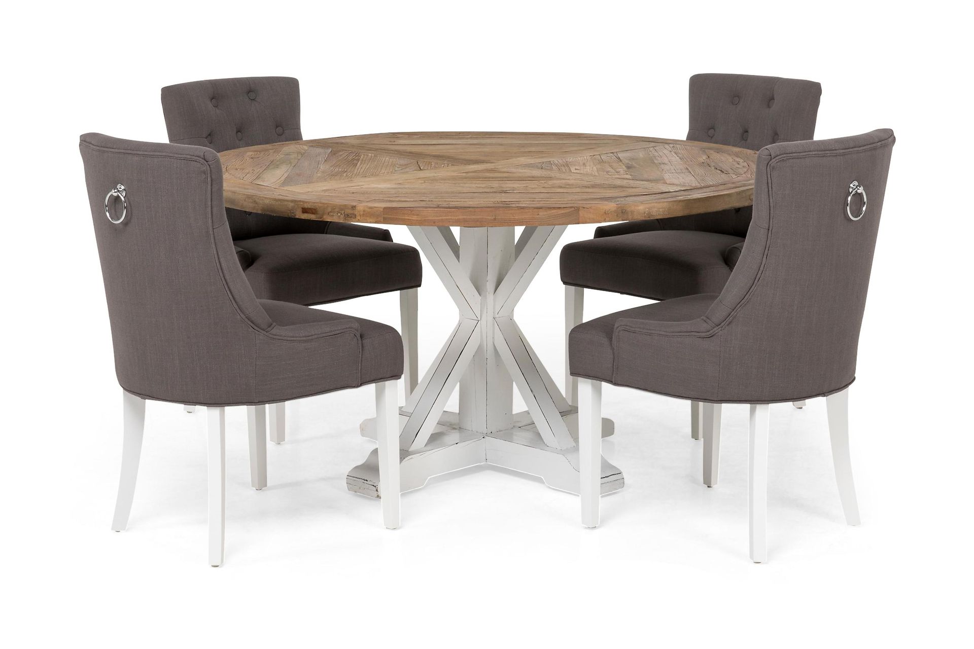Lyon Spisebordssæt Ø150 cm Rund med 4 stk Viktoria Stole - Vintage Natur/Hvid/Grå