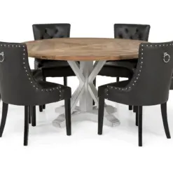 Lyon Spisebordssæt Ø150 cm Rund med 6 stk Tuva Stole - Vintage Natur/Hvid/Sort