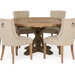 Lyon Spisebordssæt Ø150 cm Rund med 6 stk Viktoria Stole - Vintage Elmetræ/Beige