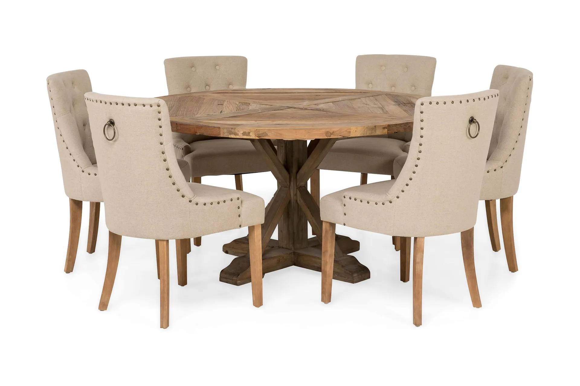Lyon Spisebordssæt Ø150 cm Rund med 6 stk Viktoria Stole - Vintage Elmetræ/Beige