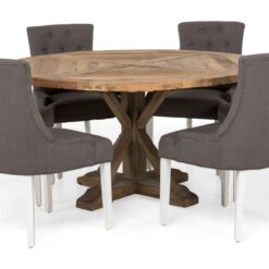 Lyon Spisebordssæt Ø150 cm Rund med 6 stk Viktoria Stole - Vintage Elmetræ/Grå/Hvid