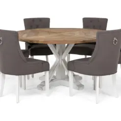 Lyon Spisebordssæt Ø150 cm Rund med 6 stk Viktoria Stole - Vintage Natur/Hvid/Grå