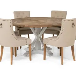 Lyon Spisegruppe Ø150 cm Rund med 6 Viktoria Stole - Vintage Natur / Hvid / Beige