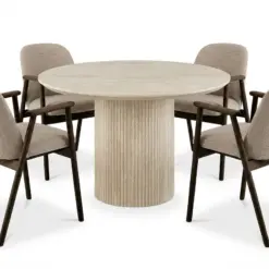 Uppveda Rundt Spisebord 120 cm Travertin med 4 Reciclar Spisestole - Travertin/Greige