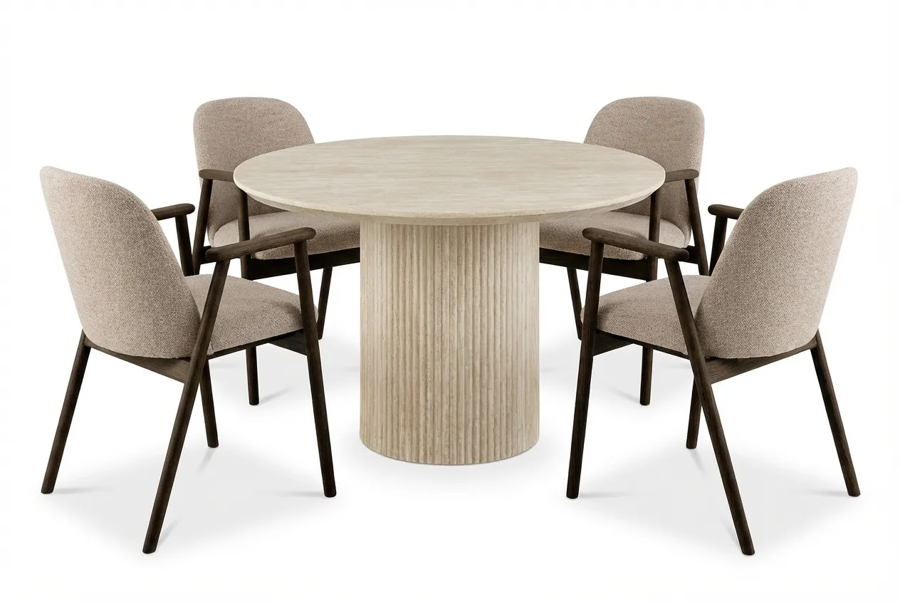 Uppveda Rundt Spisebord 120 cm Travertin med 4 Reciclar Spisestole - Travertin/Greige