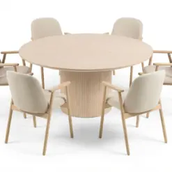 Spisegruppe Bark Kopparbo rundt spisebord 180 cm hvidlaseret med 6 Reciclar spisebordsstole Lys eg|Beige -