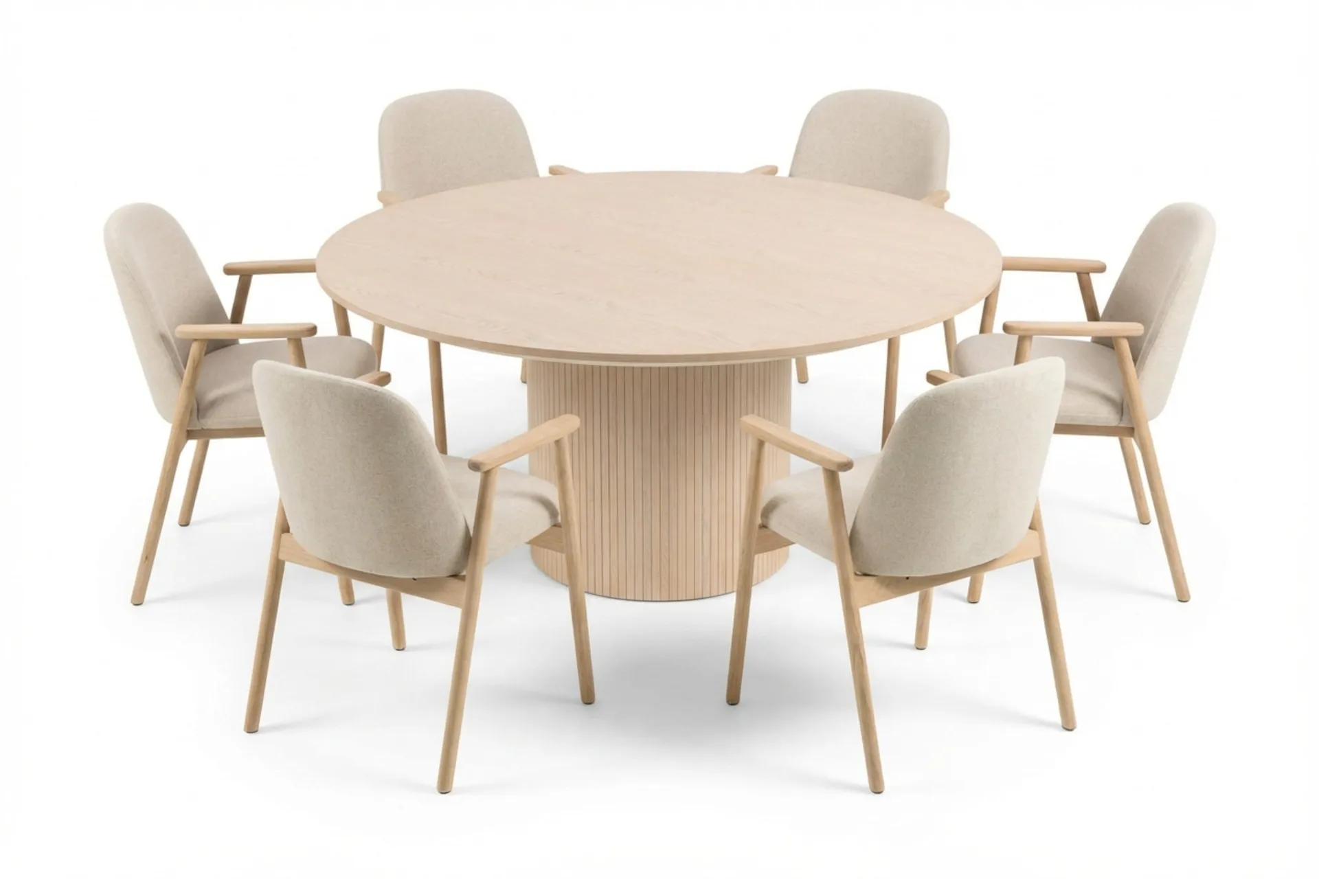 Spisegruppe Bark Kopparbo rundt spisebord 180 cm hvidlaseret med 6 Reciclar spisebordsstole Lys eg|Beige -