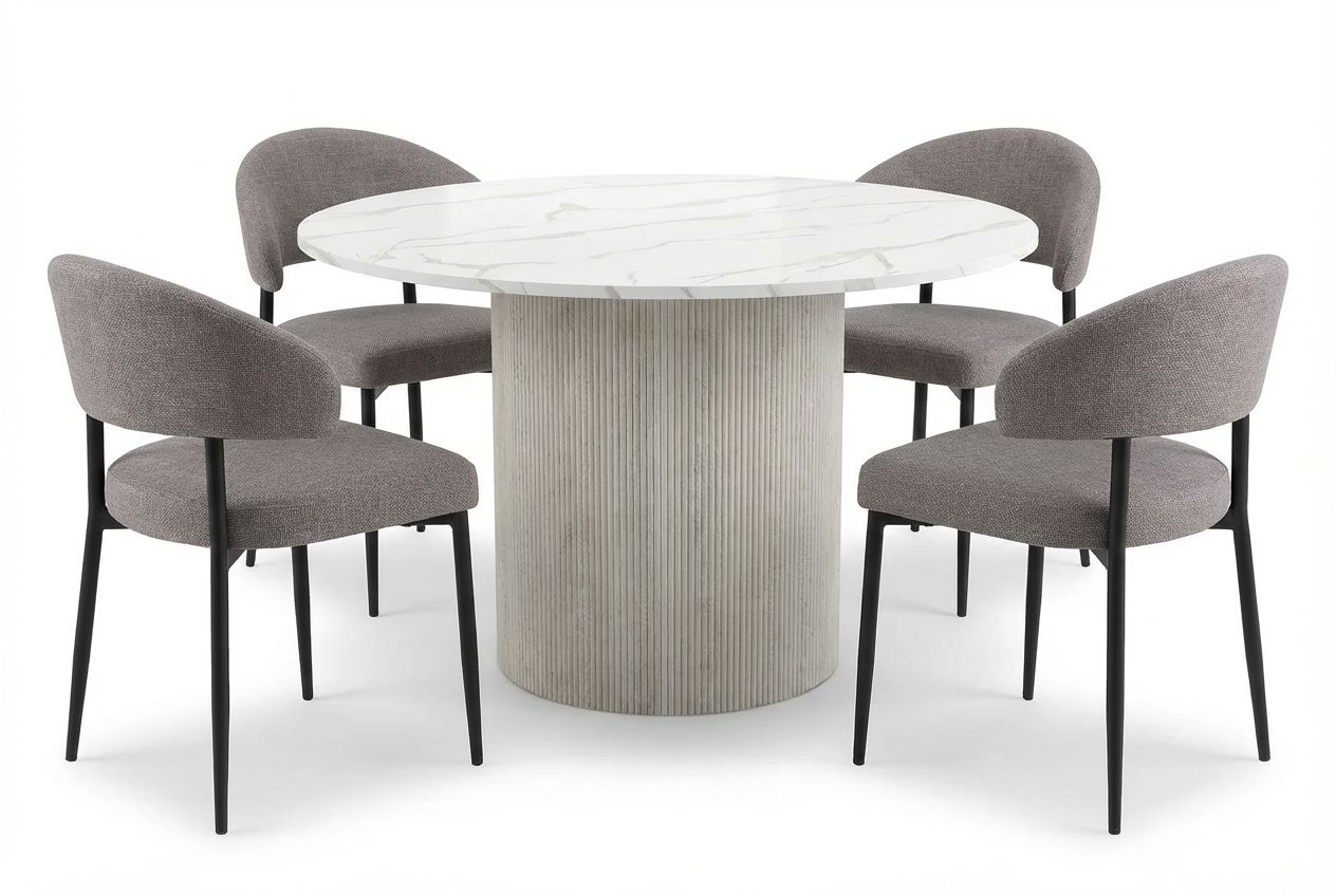 Uppveda Spisebord 120 cm Rundt Hvid med 4 Sawako Greige Stole - Hvid/Greige