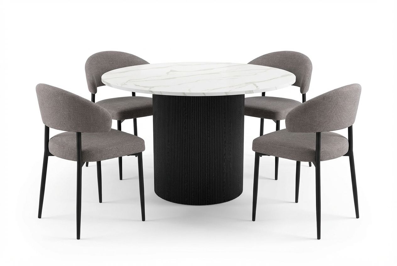 Uppveda Spisebord 120 cm Rundt Sort med 4 Sawako Greige Stole - Sort/Hvid/Greige