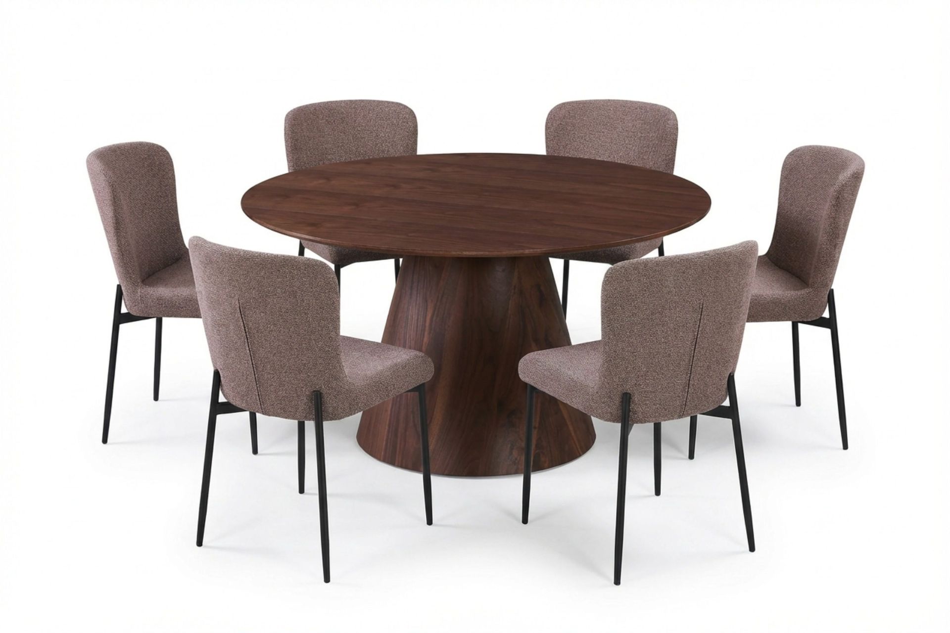 Siena spisegruppe rund 130 cm valnød med 6 Elsie spisestole - Valnød/Grå