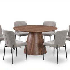 Siena spisegruppe rund 130 cm valnød med 6 Elsie spisestole - Valnød/Lysegrå