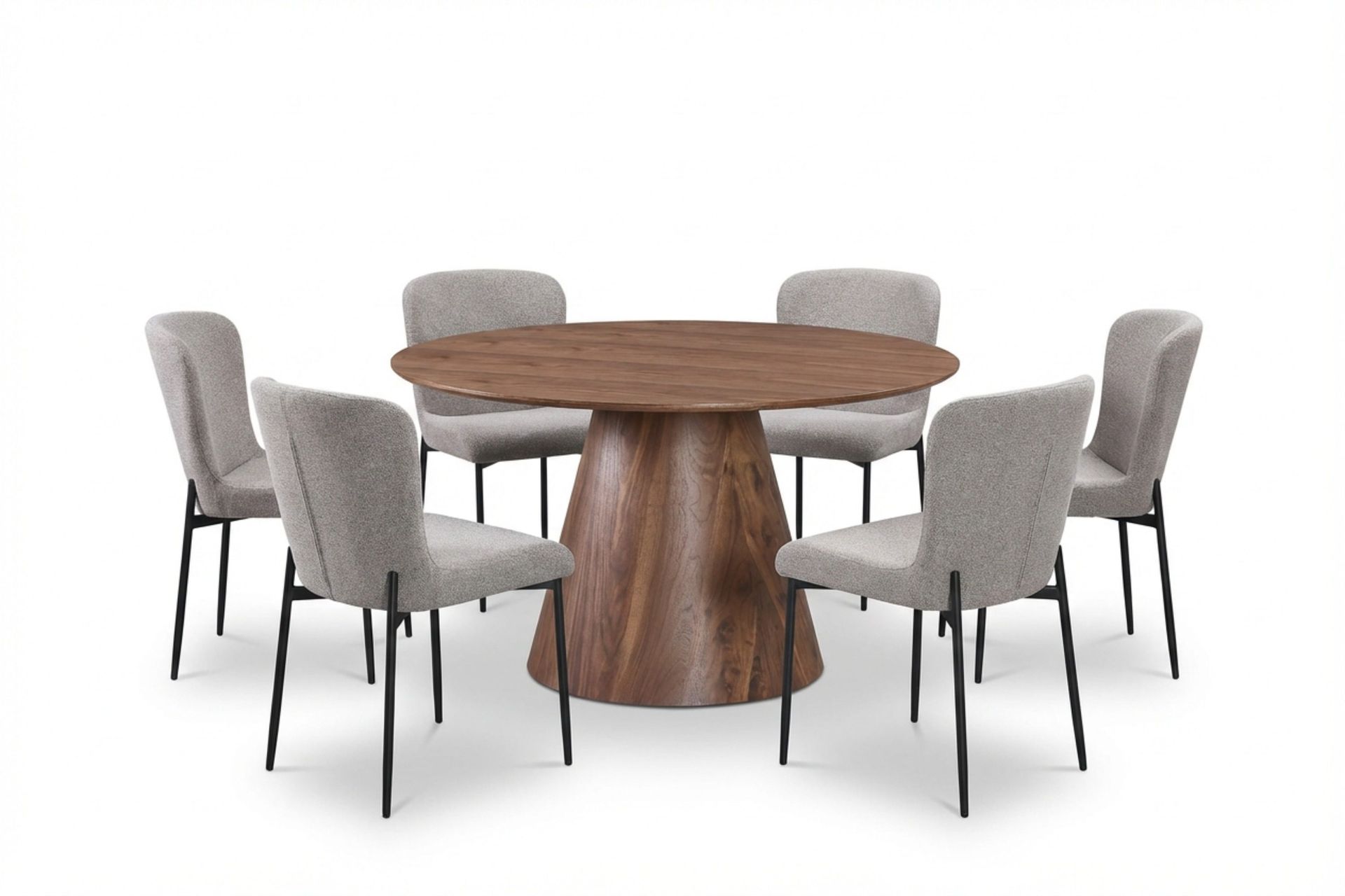 Siena spisegruppe rund 130 cm valnød med 6 Elsie spisestole - Valnød/Lysegrå