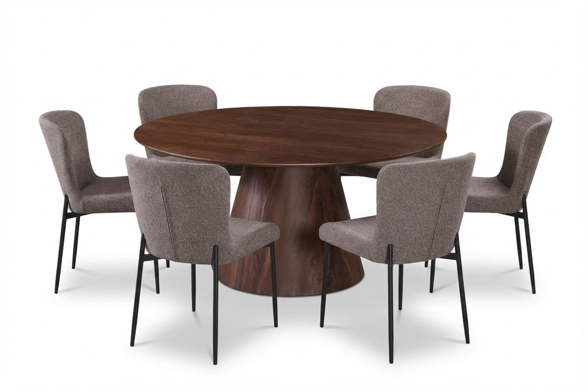 Siena spisegruppe rund 150 cm valnød med 6 Elsie spisestole - Valnød/Grå