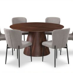 Siena spisegruppe rund 150 cm valnød med 6 Elsie spisestole - Valnød/Lysegrå