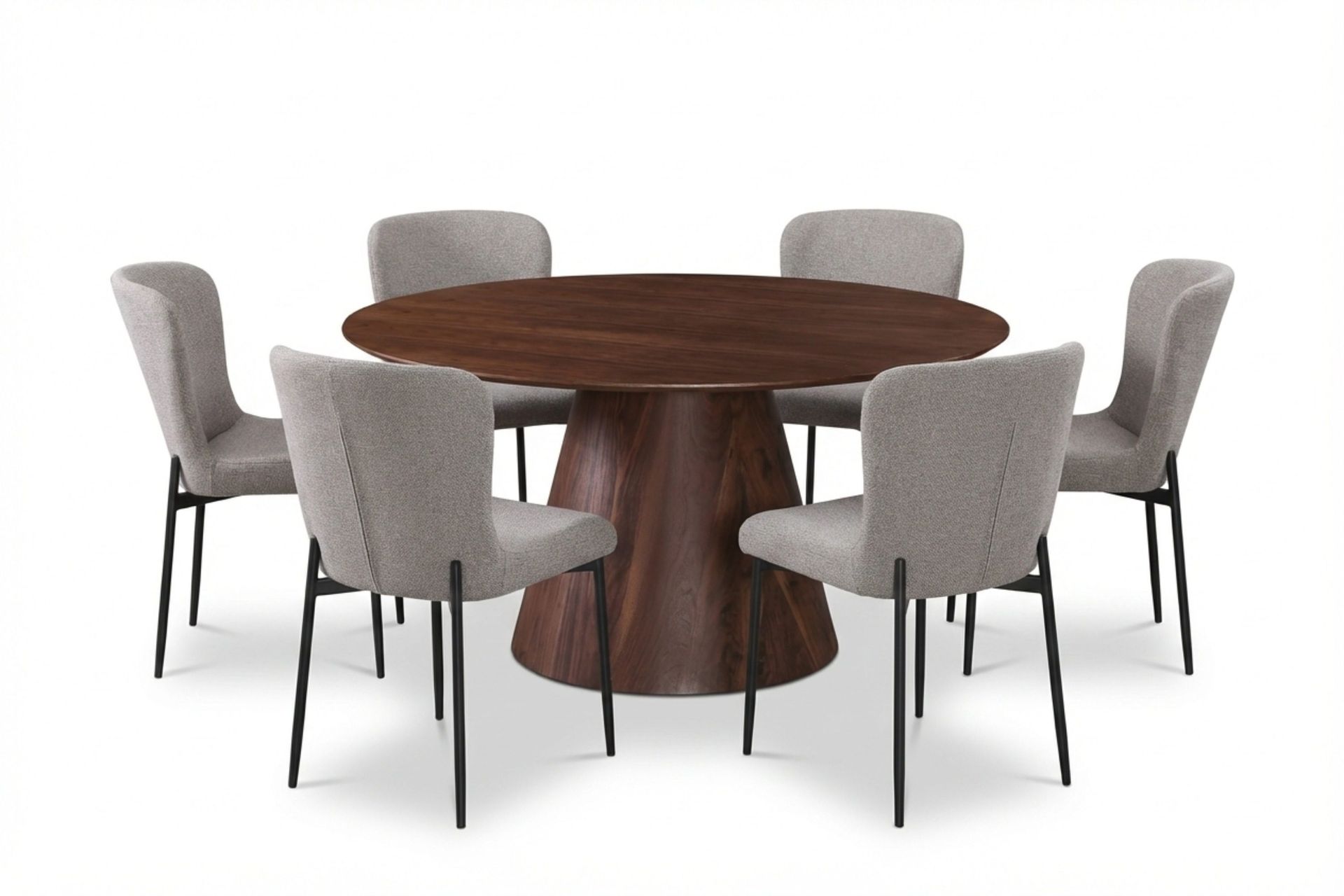 Siena spisegruppe rund 150 cm valnød med 6 Elsie spisestole - Valnød/Lysegrå